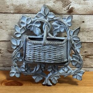 Vintage Cast Iron Ornate Blue Flower Basket Wooden Match Holder